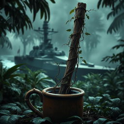 A warship navigating through a dense, dark jungle, where its features are partially hidden by the thick foliage