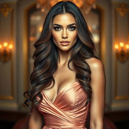 A highly attractive and glamorous woman with luscious hair and captivating eyes, wearing a beautiful and elegant dress that highlights her poise and confidence