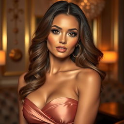 A highly attractive and glamorous woman with luscious hair and captivating eyes, wearing a beautiful and elegant dress that highlights her poise and confidence