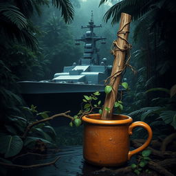 A warship navigating through a dense, dark jungle, where its features are partially hidden by the thick foliage