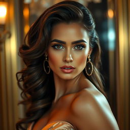 A highly attractive and glamorous woman with luscious hair and captivating eyes, wearing a beautiful and elegant dress that highlights her poise and confidence