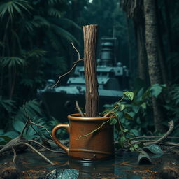 A warship navigating through a dense, dark jungle, where its features are partially hidden by the thick foliage