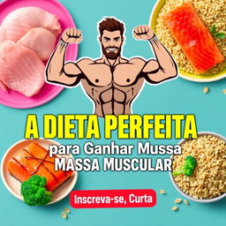 An eye-catching design featuring a strong and muscular figure lifting weights, surrounded by healthy foods like chicken breast, salmon, broccoli, and brown rice