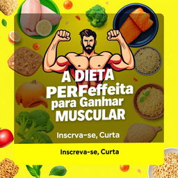 An eye-catching design featuring a strong and muscular figure lifting weights, surrounded by healthy foods like chicken breast, salmon, broccoli, and brown rice