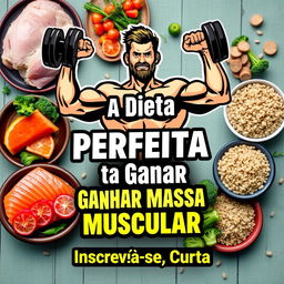 An eye-catching design featuring a strong and muscular figure lifting weights, surrounded by healthy foods like chicken breast, salmon, broccoli, and brown rice