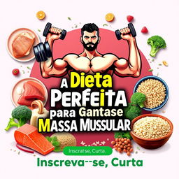 An eye-catching design featuring a strong and muscular figure lifting weights, surrounded by healthy foods like chicken breast, salmon, broccoli, and brown rice