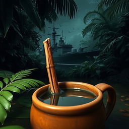 A warship stealthily cruising through a dark and dense jungle, where its imposing silhouette is partially obscured by thick, lush foliage