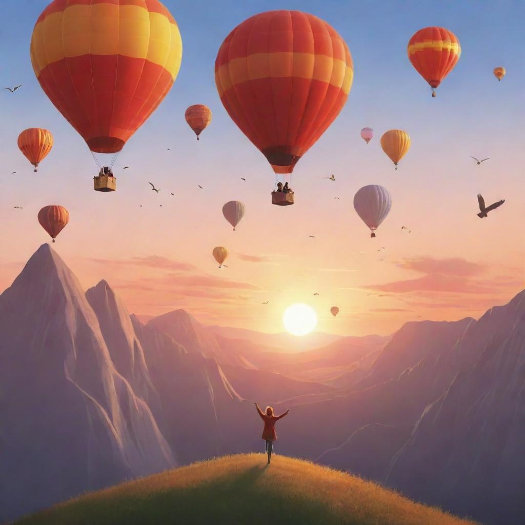 An animated style image of a joyful person in the mountains. Hot air balloons are visible on the horizon under a beautiful sunset, with birds soaring in the sky, symbolizing newfound fearlessness and joy