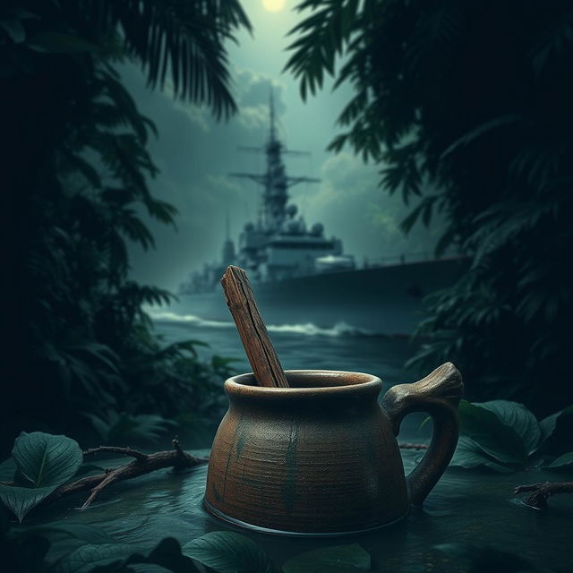 A warship stealthily cruising through a dark and dense jungle, where its imposing silhouette is partially obscured by thick, lush foliage