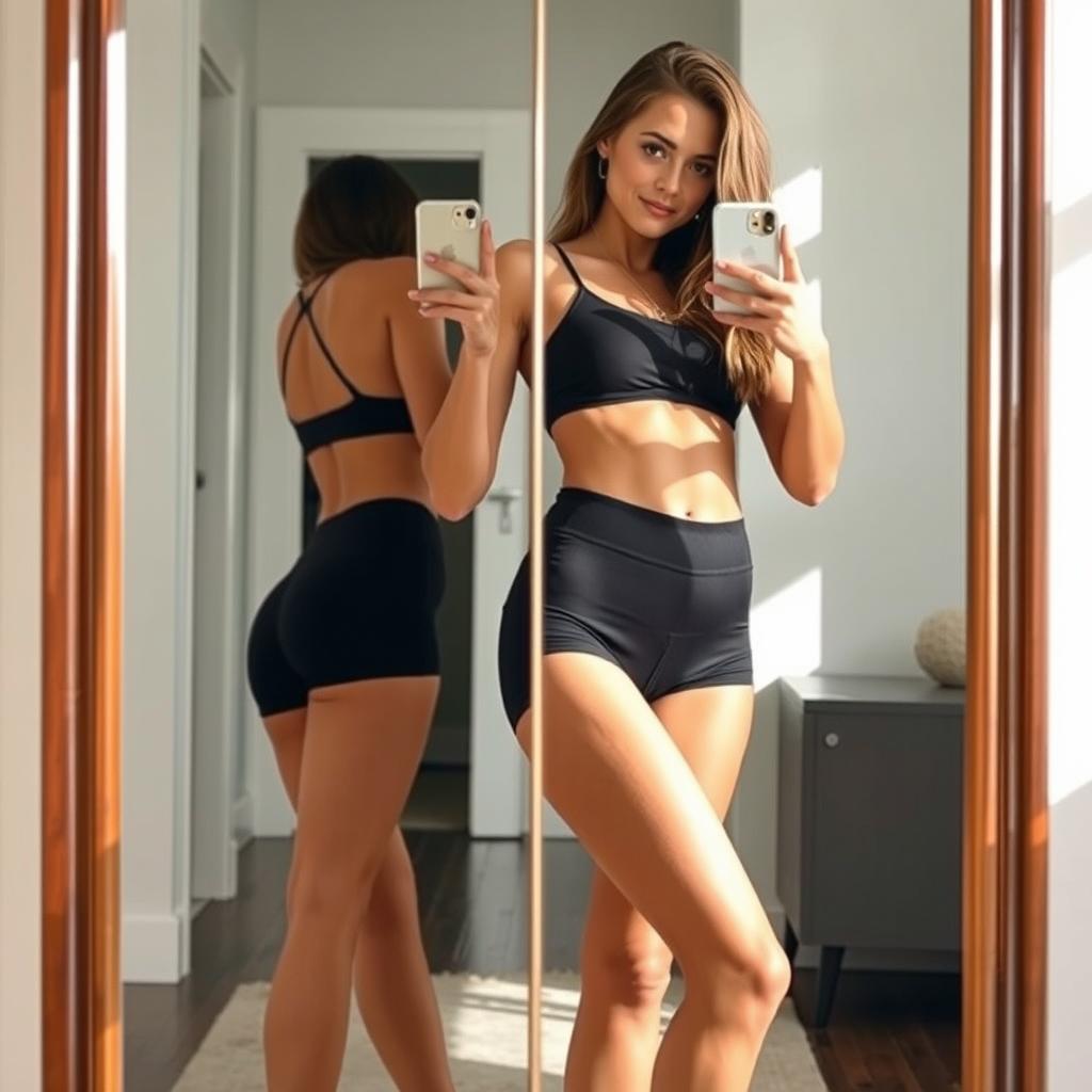 A stylish mirror selfie of a confident woman wearing black spandex shorts, showcasing her fit physique