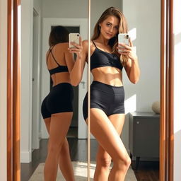 A stylish mirror selfie of a confident woman wearing black spandex shorts, showcasing her fit physique