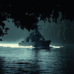 A formidable warship gliding silently through a dark, mysterious jungle river, its silhouette partially hidden by the thick curtain of foliage overhead