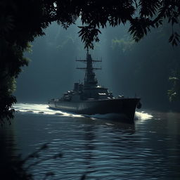 A formidable warship gliding silently through a dark, mysterious jungle river, its silhouette partially hidden by the thick curtain of foliage overhead