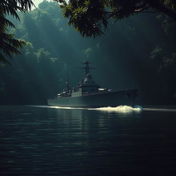 A formidable warship gliding silently through a dark, mysterious jungle river, its silhouette partially hidden by the thick curtain of foliage overhead