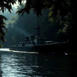 A formidable warship gliding silently through a dark, mysterious jungle river, its silhouette partially hidden by the thick curtain of foliage overhead