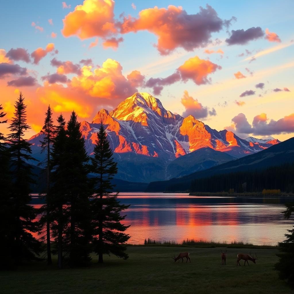 A majestic mountain range at sunset, illuminated by the warm glow of the setting sun