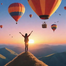 An animated style image of a joyful person in the mountains. Hot air balloons are visible on the horizon under a beautiful sunset, with birds soaring in the sky, symbolizing newfound fearlessness and joy