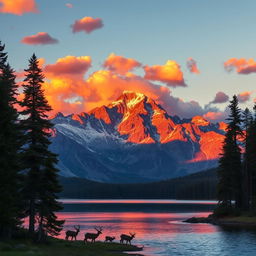 A majestic mountain range at sunset, illuminated by the warm glow of the setting sun