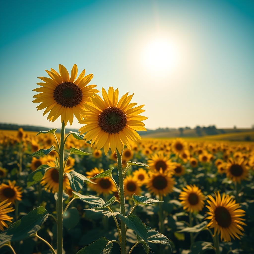 A stunning landscape featuring a vibrant field of sunflowers under a clear blue sky