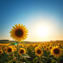 A stunning landscape featuring a vibrant field of sunflowers under a clear blue sky