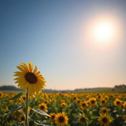 A stunning landscape featuring a vibrant field of sunflowers under a clear blue sky