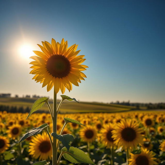 A stunning landscape featuring a vibrant field of sunflowers under a clear blue sky