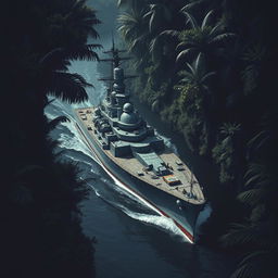 A powerful warship deftly navigating a narrow, winding river deep within a dark jungle