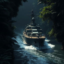 A powerful warship deftly navigating a narrow, winding river deep within a dark jungle