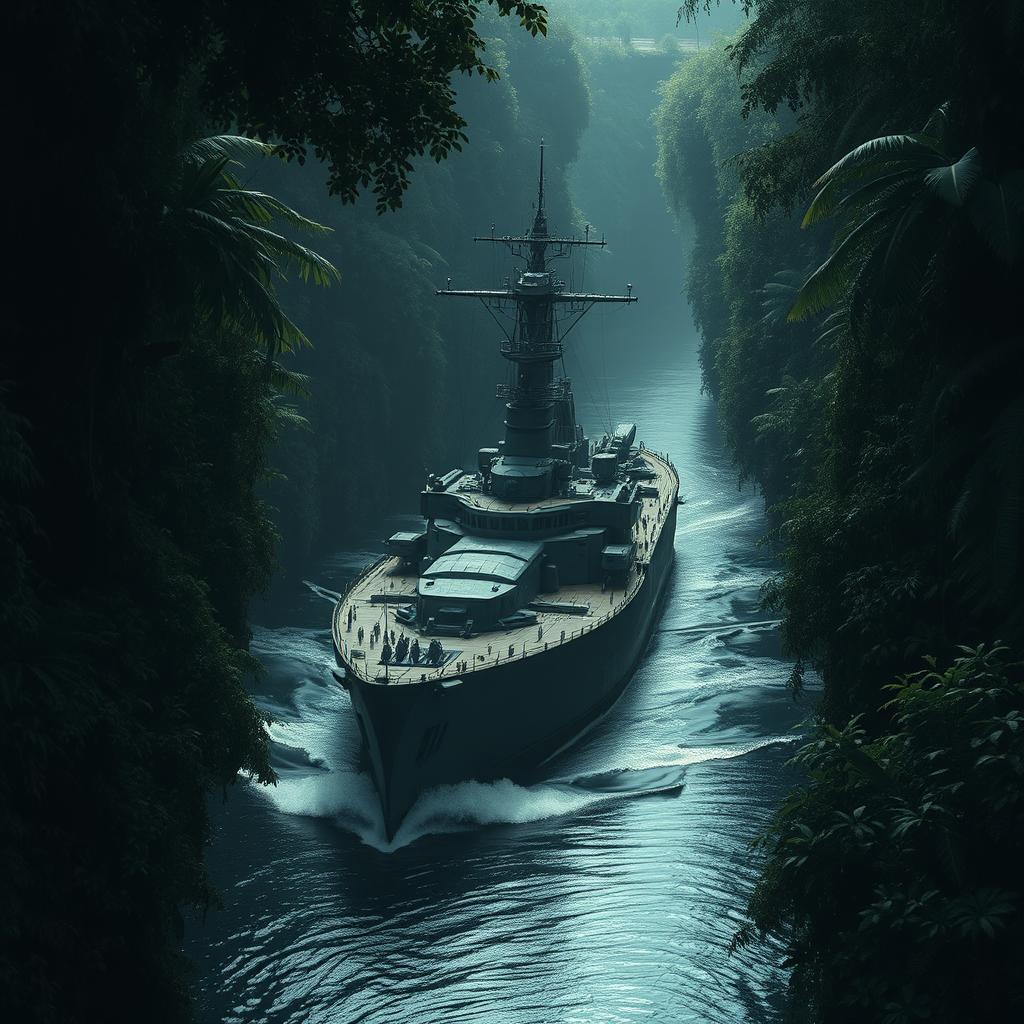 A powerful warship deftly navigating a narrow, winding river deep within a dark jungle