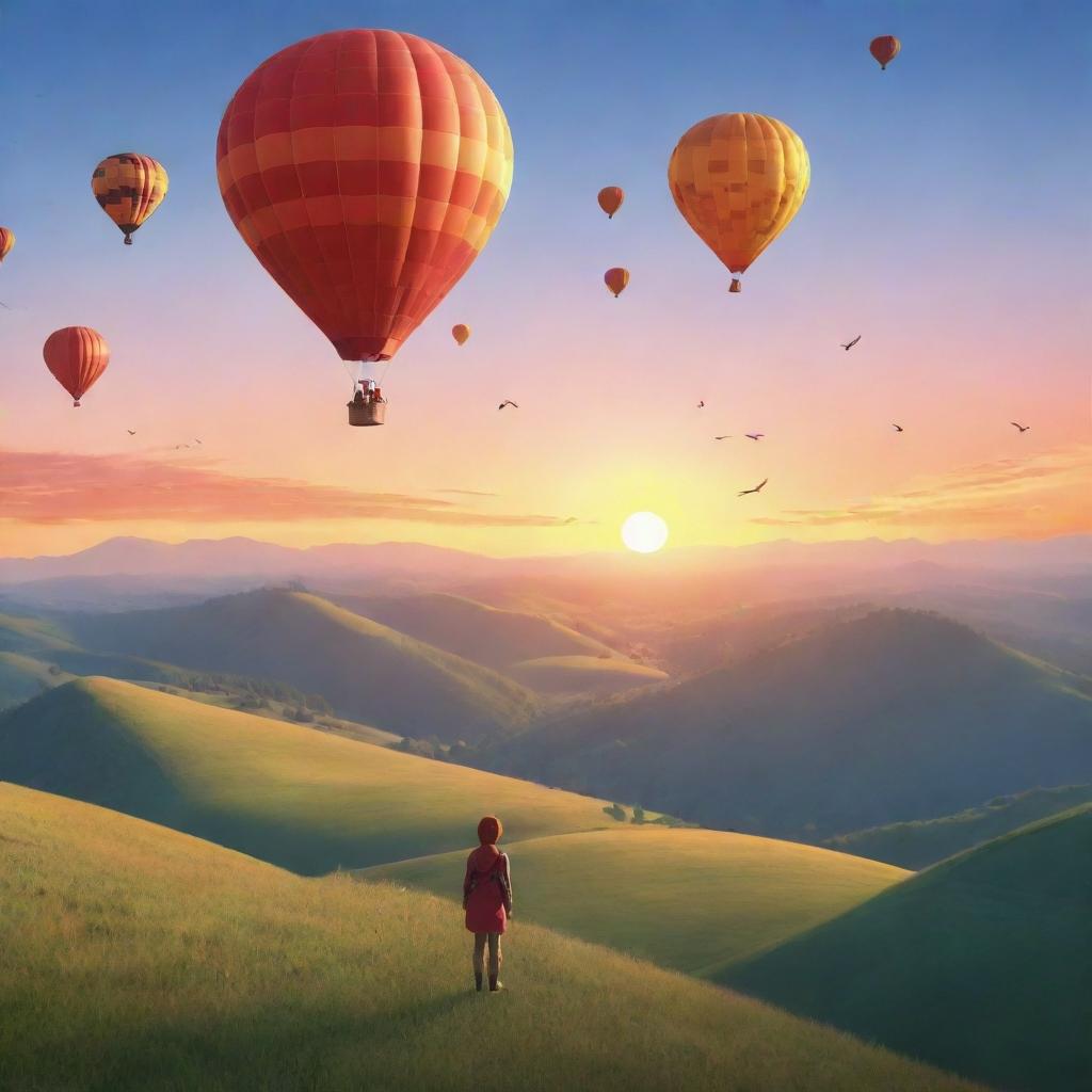 An animated style image of a joyful person in the mountains. Hot air balloons are visible on the horizon under a beautiful sunset, with birds soaring in the sky, symbolizing newfound fearlessness and joy