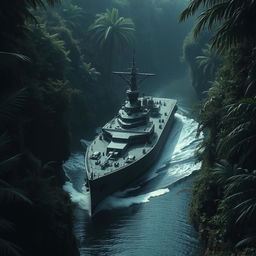 A powerful warship deftly navigating a narrow, winding river deep within a dark jungle