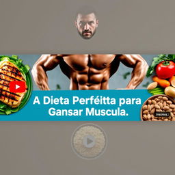 Create a YouTube channel cover featuring a dynamic and muscular athlete, showcasing a variety of healthy foods such as grilled chicken, fresh vegetables, quinoa, and almonds, symbolizing 'A Dieta Perfeita para Ganhar Massa Muscular'