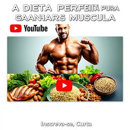 Create a YouTube channel cover featuring a dynamic and muscular athlete, showcasing a variety of healthy foods such as grilled chicken, fresh vegetables, quinoa, and almonds, symbolizing 'A Dieta Perfeita para Ganhar Massa Muscular'