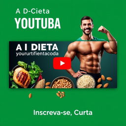 Create a YouTube channel cover featuring a dynamic and muscular athlete, showcasing a variety of healthy foods such as grilled chicken, fresh vegetables, quinoa, and almonds, symbolizing 'A Dieta Perfeita para Ganhar Massa Muscular'