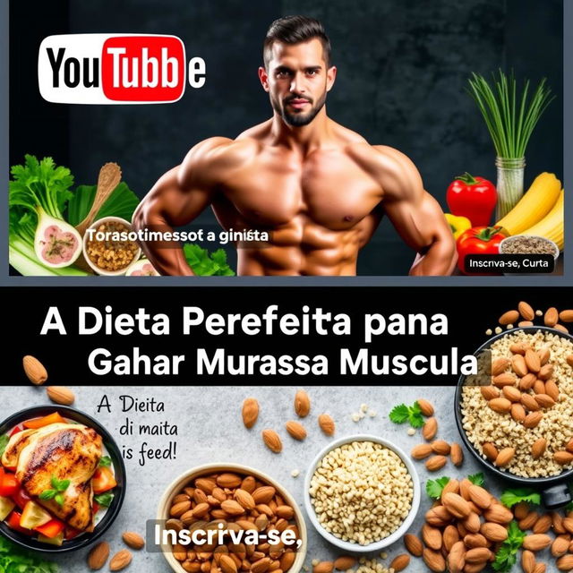 Create a YouTube channel cover featuring a dynamic and muscular athlete, showcasing a variety of healthy foods such as grilled chicken, fresh vegetables, quinoa, and almonds, symbolizing 'A Dieta Perfeita para Ganhar Massa Muscular'