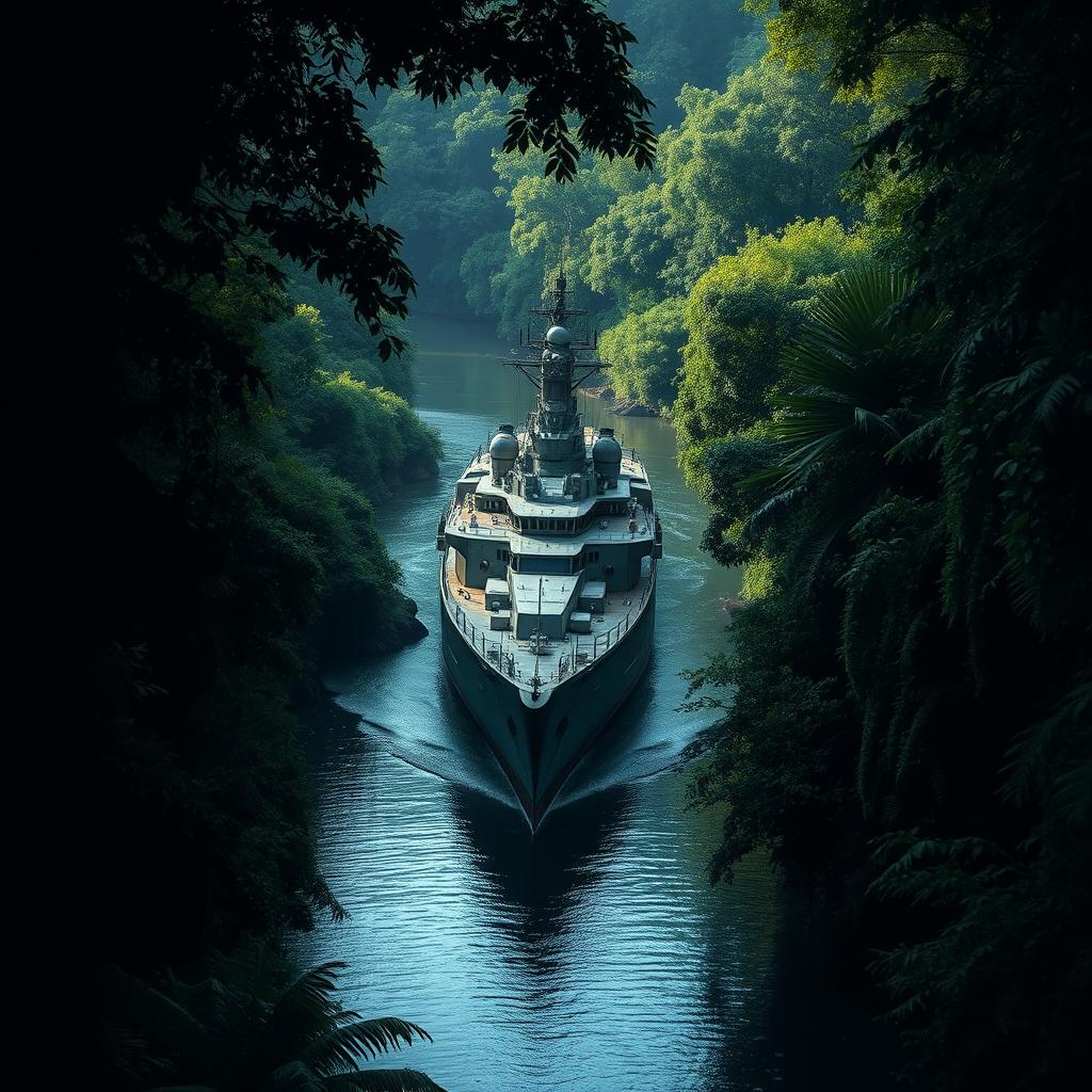 A warship cautiously stationary in a narrow river, enveloped by the dense foliage of a dark jungle