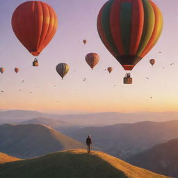 An animated style image of a joyful person in the mountains. Hot air balloons are visible on the horizon under a beautiful sunset, with birds soaring in the sky, symbolizing newfound fearlessness and joy