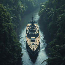 A warship cautiously stationary in a narrow river, enveloped by the dense foliage of a dark jungle