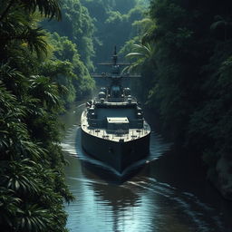 A warship cautiously stationary in a narrow river, enveloped by the dense foliage of a dark jungle