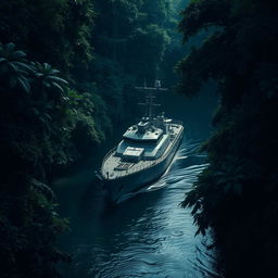 A warship cautiously stationary in a narrow river, enveloped by the dense foliage of a dark jungle