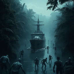 A warship anchored in a narrow river within a dark, dense jungle