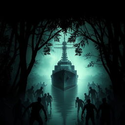 A warship anchored in a narrow river within a dark, dense jungle