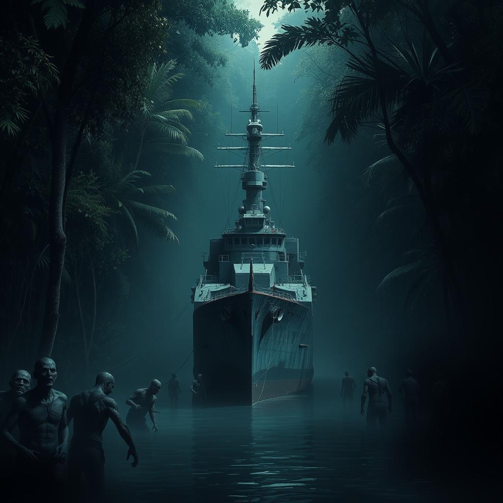 A warship anchored in a narrow river within a dark, dense jungle