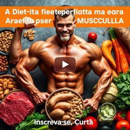 Design a YouTube cover highlighting a powerful and muscular athlete who embodies 'A Dieta Perfeita para Ganhar Massa Muscular', surrounded by nutritious foods like lean beef, mixed nuts, sweet potatoes, and vibrant vegetables