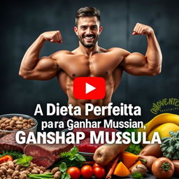 Design a YouTube cover highlighting a powerful and muscular athlete who embodies 'A Dieta Perfeita para Ganhar Massa Muscular', surrounded by nutritious foods like lean beef, mixed nuts, sweet potatoes, and vibrant vegetables