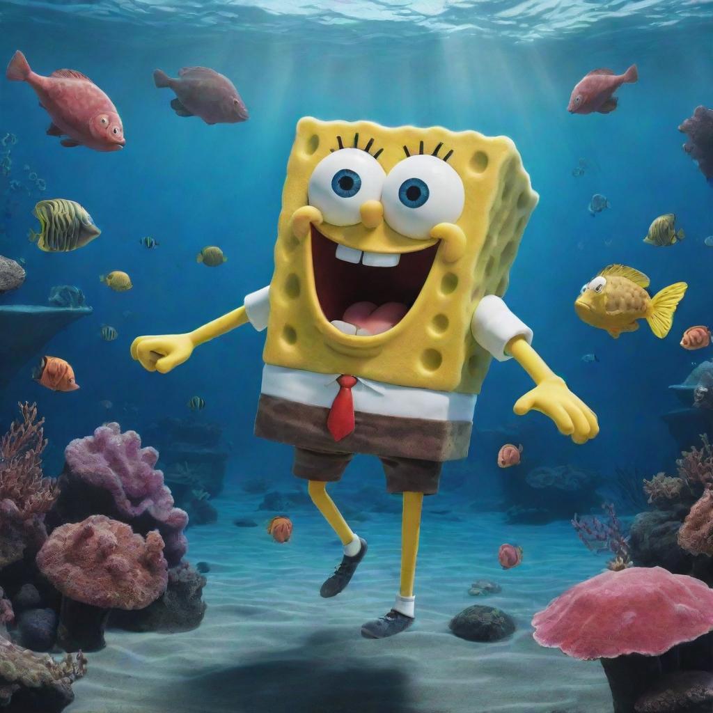 SpongeBob Squarepants performing a Jujutsu Kaisen styled domain expansion, encompassing an aquatic world teeming with whimsical sea life, his persona emerging powerful yet humorous within this dominating scene.