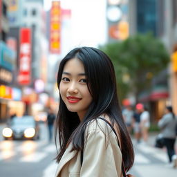 a standard young Korean woman, with smooth, fair skin, straight black hair cascading down her shoulders, dressed in a fashionable Korean street style, standing confidently against a vibrant urban city background, exuding a sense of elegance and modernity, a soft smile highlighting her youthful features, ambient city lights reflecting in her eyes