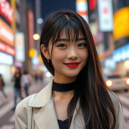 a standard young Korean woman, with smooth, fair skin, straight black hair cascading down her shoulders, dressed in a fashionable Korean street style, standing confidently against a vibrant urban city background, exuding a sense of elegance and modernity, a soft smile highlighting her youthful features, ambient city lights reflecting in her eyes