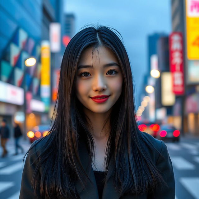 a standard young Korean woman, with smooth, fair skin, straight black hair cascading down her shoulders, dressed in a fashionable Korean street style, standing confidently against a vibrant urban city background, exuding a sense of elegance and modernity, a soft smile highlighting her youthful features, ambient city lights reflecting in her eyes