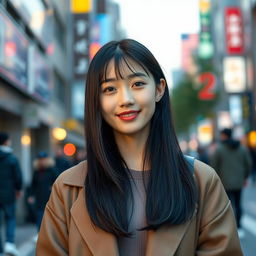 a standard young Korean woman, with smooth, fair skin, straight black hair cascading down her shoulders, dressed in a fashionable Korean street style, standing confidently against a vibrant urban city background, exuding a sense of elegance and modernity, a soft smile highlighting her youthful features, ambient city lights reflecting in her eyes